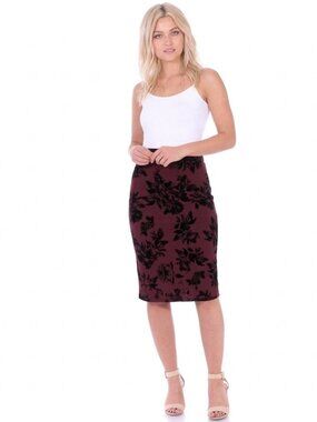 Popana Pencil Skirt Small Burgundy Velvet Floral High Waist Stretch NWOT